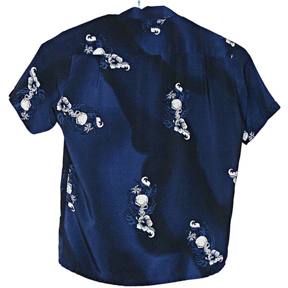 Kennington Ltd Hawaiian Skull Floral Button-Up Shirt Mens Blue & White Size Lg - Picture 2 of 9